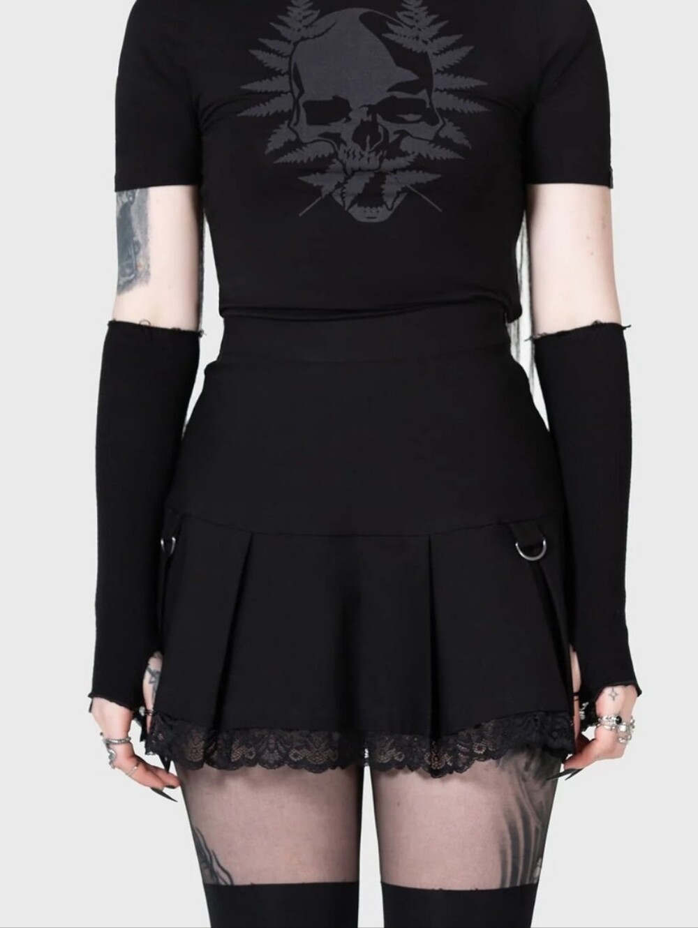 Killstar Black Pleated Lace-Trim Mini Skirt